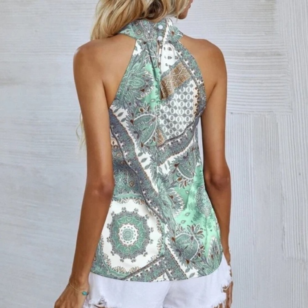Boho Paisley Floral Print Satin Halter Tank Top - Picture 7 of 15